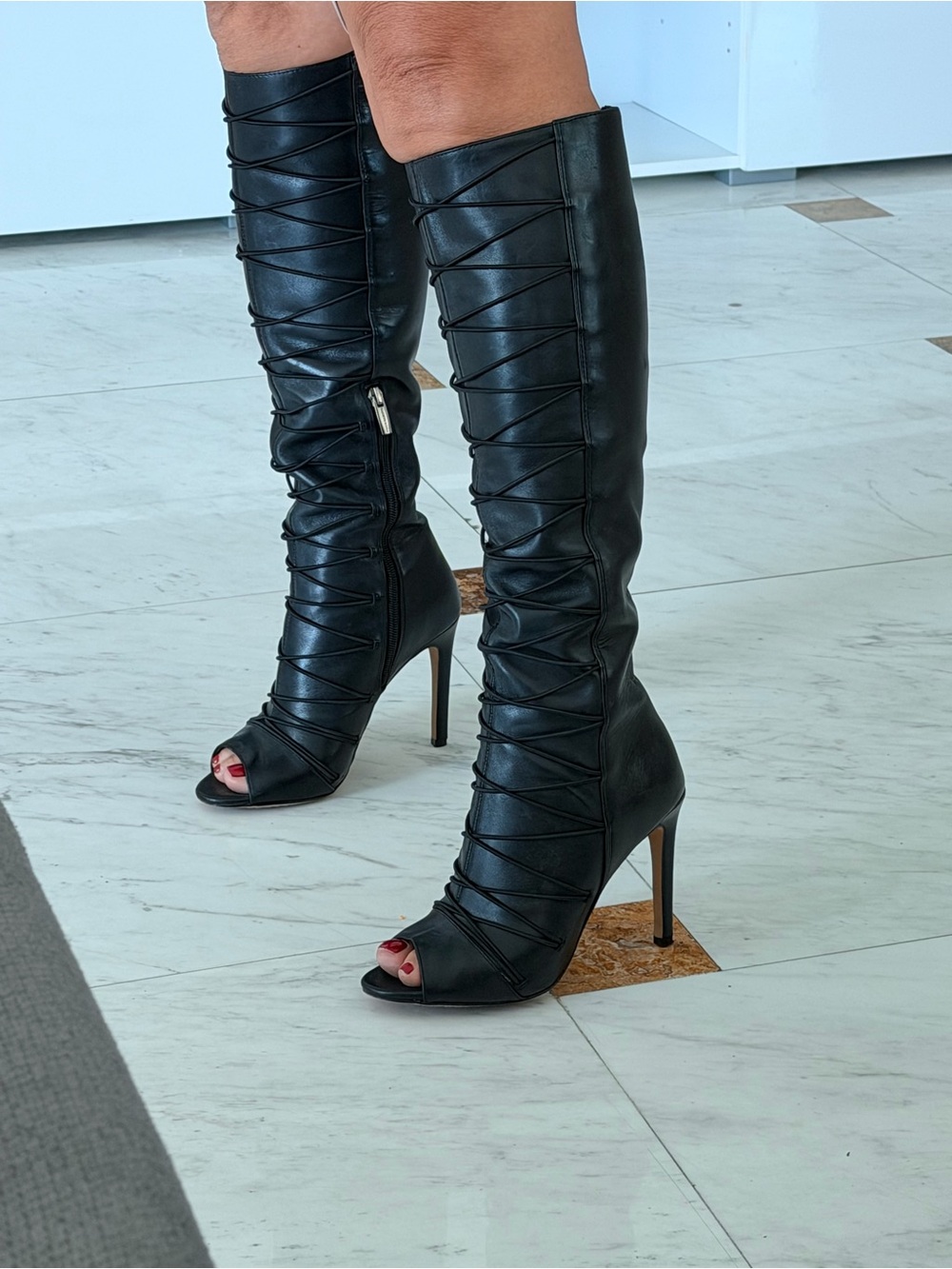 Black Lace-Up Knee-High Stiletto peep toe Boots - Picture 4 of 5